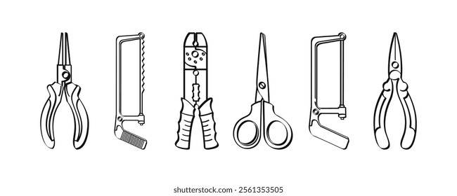 Tool icons. Pliers, hacksaws, wire strippers, scissors, clamps - ideal for DIY and craft projects