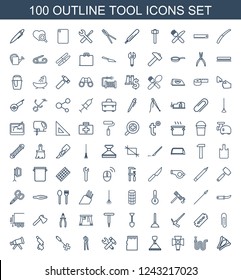tool icons. Set of 100 outline tool icons included stapler, water hose, soft box, hook with cargo, memory card on white background. Editable tool icons for web, mobile and infographics.