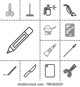 Tool icons. set of 13 editable outline tool icons such as vacuum cleaner, scissors, rake, spray bottle, scalpel, chopping board and knife, knife, spear, pencil, shaving brush
