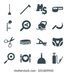 Tool icons. set of 16 editable filled tool icons such as manicure scissors, dustpan, measuring tape, garden tools, garden hammer, harden hose, plate with spoon and fork