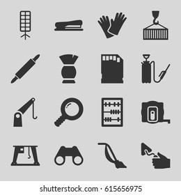 Tool icons set. set of 16 tool filled icons such as measure tape, brush, vacuum cleaner, trowel, harden hose, gloves, cargo on hook, cargo crane, binoculars, abacus, stapler