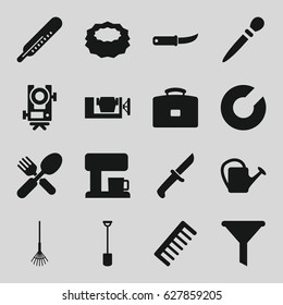 Tool icons set. set of 16 tool filled icons such as level equipment, thermometer, comb, nail sawing, sponge, vice clamp, fork and spoon, shovel, rake, gardening knife
