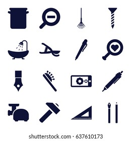 Tool icons set. set of 16 tool filled icons such as hair brush, shower, pen, screw, hummer, ruler, rake, garden tools, zoom out, gear on display, pan, meat grinder, ink pen