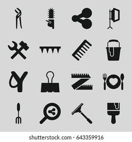 Tool icons set. set of 16 tool filled icons such as comb, window squeegee, pliers, paint bucket, paint brush, chainsaw, pitchfork, plowing tool, plate with spoon and fork