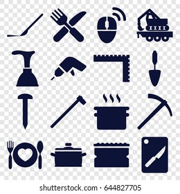 Tool icons set. set of 16 tool filled icons such as ruler, plunger, sponge, nail, drill, fork and knife, trowel, garden hammer, scalpel, cargo crane, plate with spoon and fork