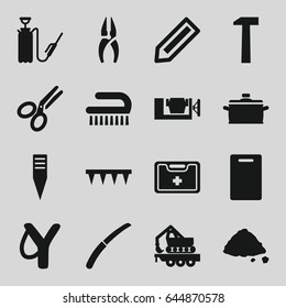 Tool icons set. set of 16 tool filled icons such as pencil, cutting board, clean brush, nippers, vice clamp, gardening knife, harden hose, ground heap, cargo crane