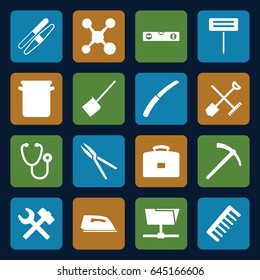 Tool icons set. set of 16 tool filled icons such as shovel and rake, comb, sawing, dustpan, iron, level ruler, garden tools, gardening tool, gardening knife, stethoscope, pan