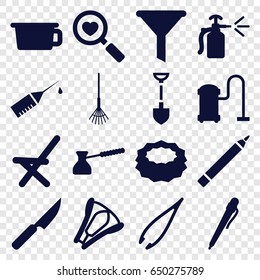 Tool icons set. set of 16 tool filled icons such as tweezers, pen, sponge, vacuum cleaner, shovel, rake, outdoor chair, spray bottle, heart search, injection rash, stapler