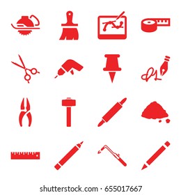 Tool icons set. set of 16 tool filled icons such as pen, nippers, brush, drill, electric saw, blowtorch, garden hammer, ground heap, medical scissors, pin, ink pen, ruler