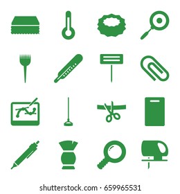 Tool icons set. set of 16 tool filled icons such as thermometer, barber brush, brush, cutting board, sponge, pen, electric saw, hoe, pan, temperature, search