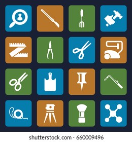 Tool icons set. set of 16 tool filled icons such as shaving brush, vacuum cleaner, pin, theodolite, pliers, tape, blowtorch, hummer, pitchfork, scalpel, scissors