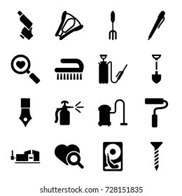Tool icons set. set of 16 tool filled icons such as vacuum cleaner, clean brush, screw, shovel, nail gun, vice clamp, pitchfork, harden hose, spray bottle, heart search