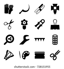 Tool icons set. set of 16 tool filled icons such as glove, manicure scissors, hair curler, sawing, sponge, plowing tool, scythe, stapler, paper clamp, scissors, soft box
