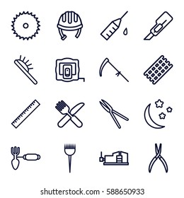 tool icons set. Set of 16 tool outline icons such as ruler, measure tape, helmet, barber brush, hair curler, hair brush, blade saw, cutter, pliers, vice clamp, fork and knife