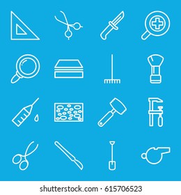 Tool icons set. set of 16 tool outline icons such as shaving brush, manicure scissors, sponge, chainsaw, shovel, rake, scalpel, medical scissors, injection rash, zoom in