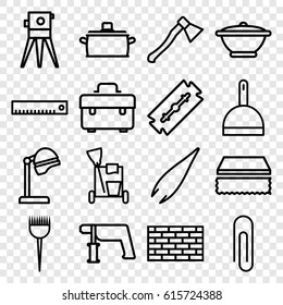 Tool icons set. set of 16 tool outline icons such as razor, barber brush, salon hair dryer, tweezers, cleaning tools, dustpan, sponge, toolbox, theodolite, nail gun, pan