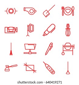 Tool icons set. set of 16 tool outline icons such as dustpan, vice clamp, concrete mixer, pliers, rake, hoe, plate with spoon and fork, thermometer, soft box, crop, turk, pen