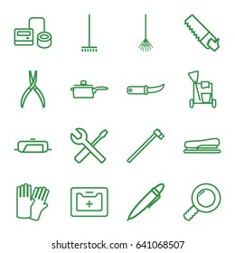 Tool icons set. set of 16 tool outline icons such as pan, glove, cleaning tools, broom, pliers, saw, wrench and screwdriver, rake, gardening knife, garden hammer