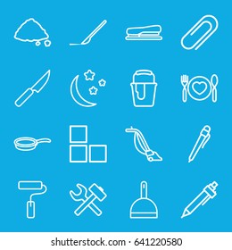 Tool icons set. set of 16 tool outline icons such as brick wall, dustpan, vacuum cleaner, pen, paint bucket, ground heap, scalpel, plate with spoon and fork, moon and stars