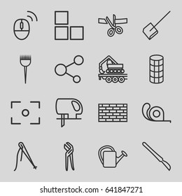 Tool icons set. set of 16 tool outline icons such as brick wall, barber brush, hair curler, dustpan, pliers, electric saw, tape, watering can, cargo crane, share, scalpel