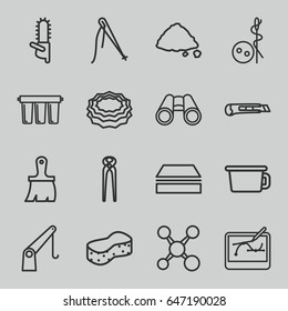 Tool icons set. set of 16 tool outline icons such as needle button, sponge, brush, pliers, chainsaw, ground heap, cargo crane, binoculars, cutter, filter, pen tool on tablet