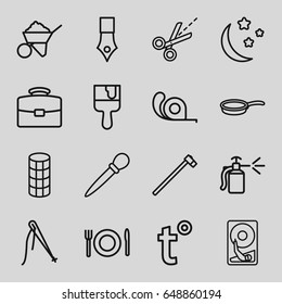 Tool icons set. set of 16 tool outline icons such as hair curler, nail sawing, construction, tape, paint brush, garden hammer, spray bottle, scissors, moon and stars