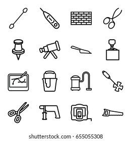 Tool icons set. set of 16 tool outline icons such as measure tape, manicure scissors, cotton buds, dustpan, vacuum cleaner, hook with cargo, nail gun, paint bucket, saw, pin