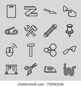 Tool icons set. set of 16 tool outline icons such as pin, barber scissors, hair curler, cutting board, dustpan, iron, trowel, water hose, cargo crane, computer mouse, hummer