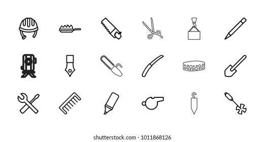 Tool icons. set of 18 editable outline tool icons: helmet, comb, shovel, saw, pen, wrench and screwdriver, ink pen, gardening tool, gardening knife, highlighter, pan-fry