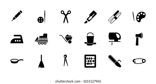 Tool icons. set of 18 editable filled tool icons: barber scissors, sawing, broom, abacus, cutter, electric saw, palette, pan, pin, needle button, pen, iron, axe, pliers