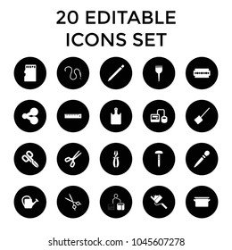 Tool icons. set of 20 editable filled tool icons such as nail sawing, dustpan, pliers, scissors, share, watering can. best quality tool elements in trendy style.