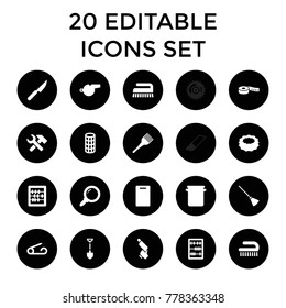 Tool icons. set of 20 editable filled tool icons such as pin, coloring brush, hair curler, cutting board, sponge, clean brush. best quality tool elements in trendy style.