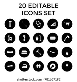 Tool icons. set of 20 editable filled tool icons such as triangle ruler, level ruler, window squeegee, cleaning tools, broom. best quality tool elements in trendy style.