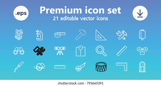Tool icons. set of 21 editable outline instrument icons includes ruler, level equipment, hummer and wrench, vice clamp, electric saw, level ruler, measuring tape