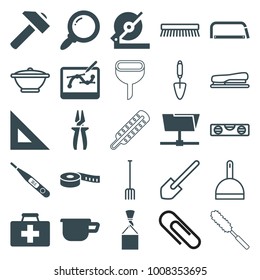 Tool icons. set of 25 editable filled and outline tool icons such as circular saw, hummer, ruler, first aid kit, search, thermometer, folder, pen tool on tablet, dustpan