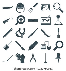 Tool icons. set of 25 editable filled tool icons such as hook with cargo, pliers, pitchfork, hoe, gardening knife, scalpel, search, injection rash, zoom in, helmet, dustpan