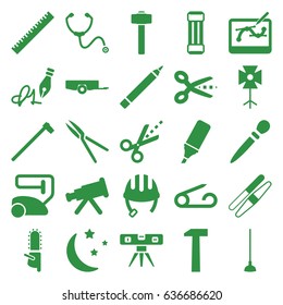 Tool icons set. set of 25 tool filled icons such as barrow, ruler, helmet, pin, nail sawing, pen, sawing, vacuum cleaner, level ruler, chainsaw, hoe, garden tools