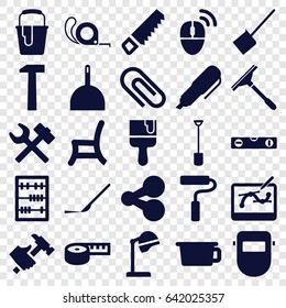 Tool icons set. set of 25 tool filled icons such as salon hair dryer, window squeegee, dustpan, saw, level ruler, tape, hummer, welder mask, paint bucket, paint brush, shovel