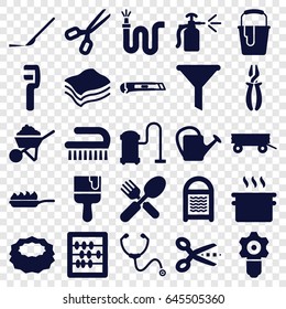 Tool icons set. set of 25 tool filled icons such as barrow, sponge, vacuum cleaner, clean brush, abacus, construction, pliers, clamp, paint bucket, paint brush, fork and spoon