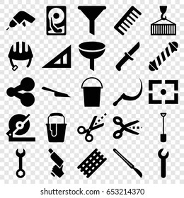 Tool icons set. set of 25 tool filled icons such as triangle ruler, helmet, hair curler, comb, dustpan, bucket, wrench, drill, circular saw, nail gun, paint bucket, shovel