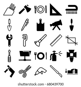 Tool icons set. set of 25 tool filled and outline icons such as clean brush, wrench, axe, nail gun, vice clamp, trowel, spray bottle, soft box, plate fork and spoon