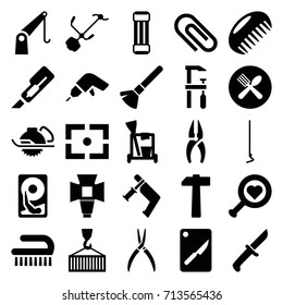 Tool icons set. set of 25 tool filled icons such as comb, shaving brush, cleaning tools, clean brush, nippers, drill, cutter, nail gun, pliers, electric saw, chainsaw, hoe