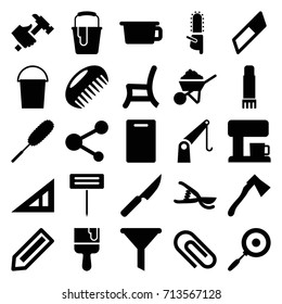 Tool icons set. set of 25 tool filled icons such as pencil, triangle ruler, comb, cutting board, bucket, dust brush, construction, hummer, paint bucket, paint brush, chainsaw