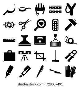 Tool icons set. set of 25 tool filled icons such as helmet, barber scissors, glove, hair curler, dustpan, window squeegee, cutter, hummer, tape, level ruler, rake, scythe