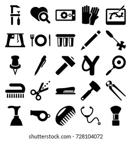 Tool icons set. set of 25 tool filled icons such as comb, shaving brush, glove, plunger, clean brush, hummer, pliers, chainsaw, pen, heart search, cargo crane, pin, scissors