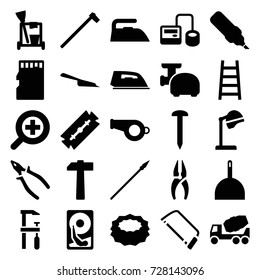 Tool icons set. set of 25 tool filled icons such as razor, salon hair dryer, cleaning tools, dustpan, iron, sponge, nail, nippers, concrete mixer, hacksaw, pliers, chainsaw