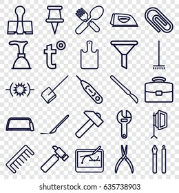 Tool icons set. set of 25 tool outline icons such as comb, plunger, dustpan, broom, iron, wrench, hummer, hacksaw, pliers, fork and spoon, scalpel, thermometer, pin