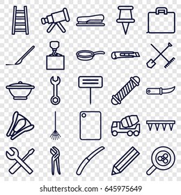 Tool icons set. set of 25 tool outline icons such as shovel and rake, hair curler, pencil, wrench, concrete mixer, hook with cargo, pliers, wrench and screwdriver, rake