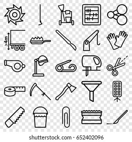Tool icons set. set of 25 tool outline icons such as pin, salon hair dryer, cleaning tools, bucket, sponge, abacus, saw, electric saw, hoe, scythe, gloves, scalpel