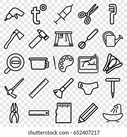 Tool icons set. set of 25 tool outline icons such as ruler, children panties, shaving brush, shower, pencil, nippers, hummer, drill, clamp, axe, watering can, cargo crane